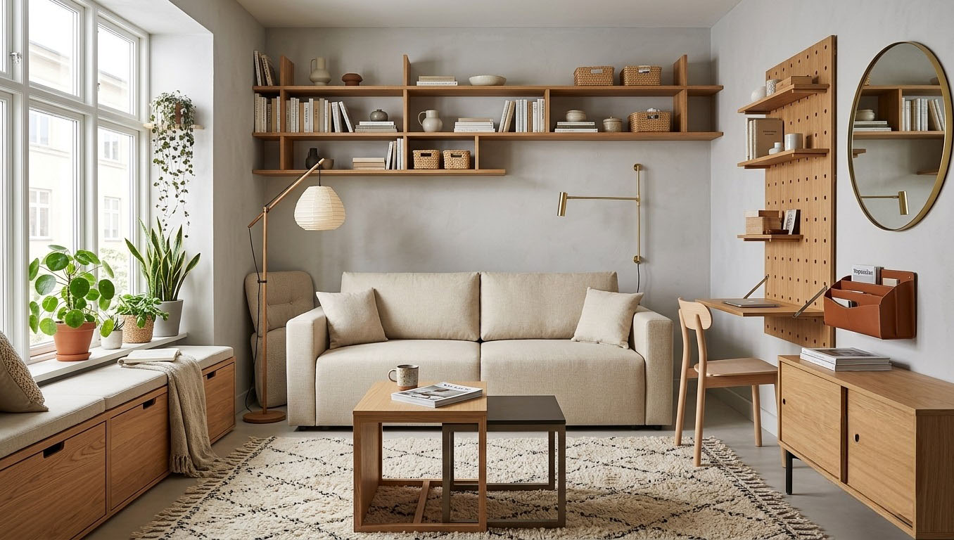 sofa double sofa z dwoma pojemnikami do małego salonu